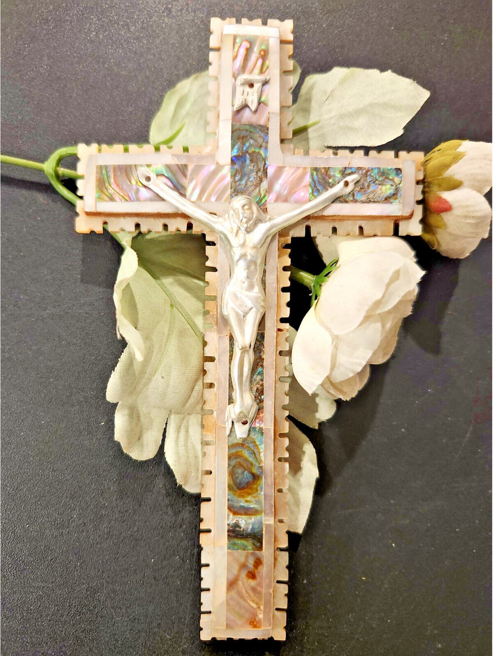 Holy Land Cross Jerusalem Stamp Olive Tree Wood Abalone Mother of Pearl Crucifix